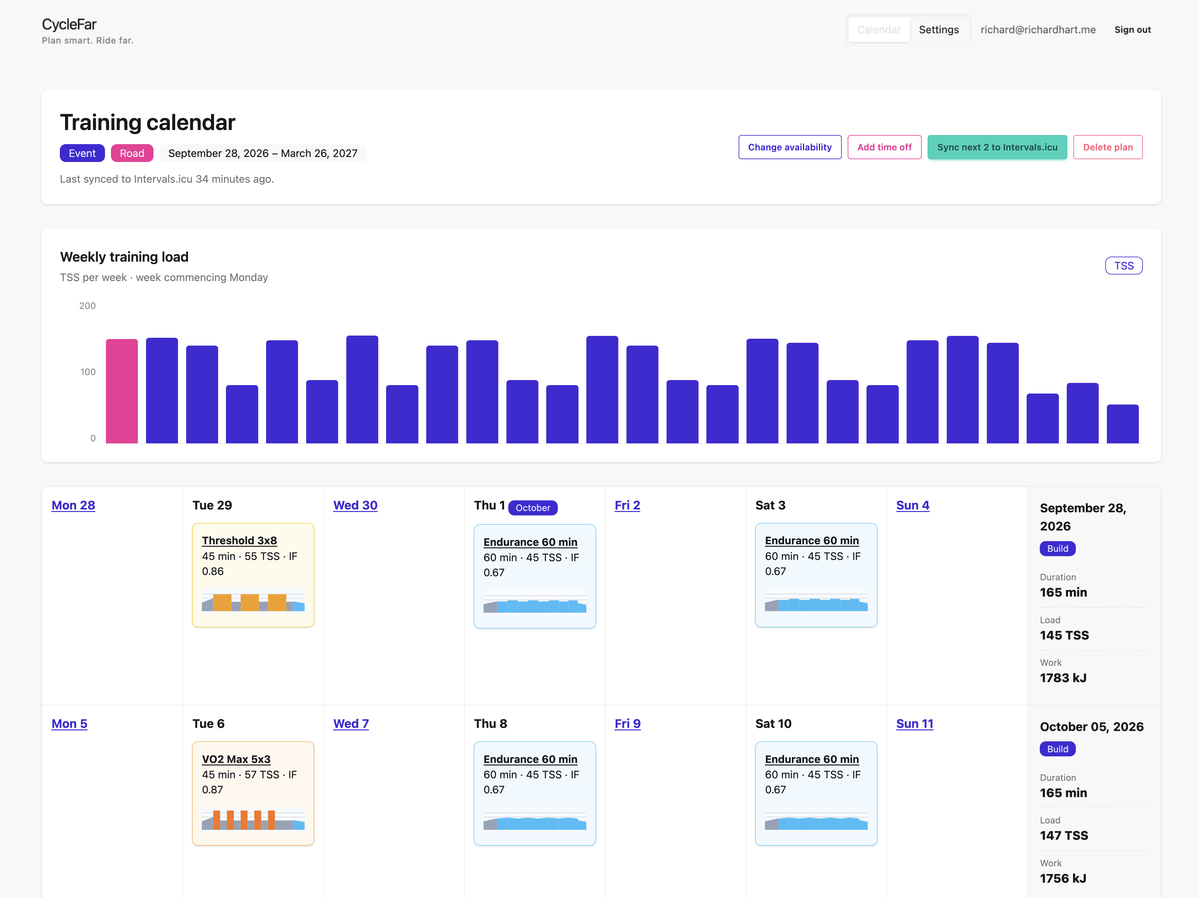 CycleFar training calendar with weekly load and scheduled workouts